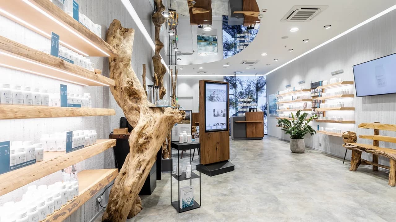 Ein Biogena-Store mit Holzregalen, einem Baumstamm als Raumelement und einem digitalen Infoterminal
