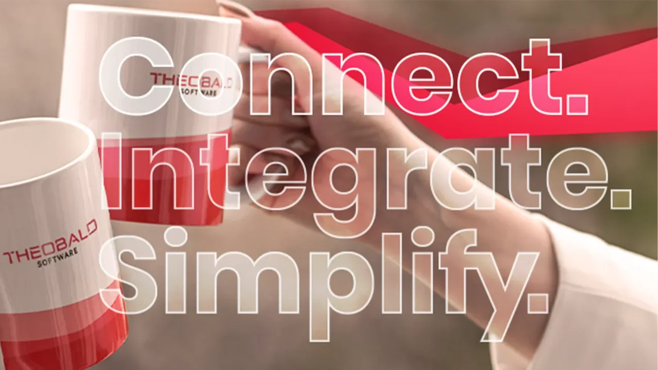 Zwei Tassen mit dem Logo von Theobald Software, darüber der Leitsatz „Connect. Integrate. Simplify.“