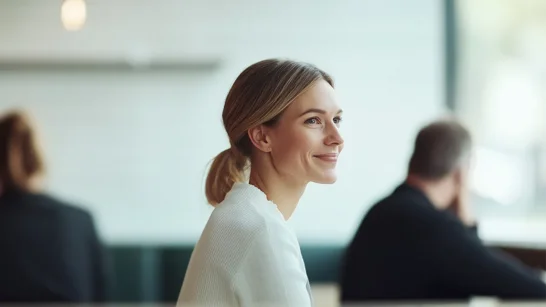 Frau freut sich ĂŒber ProduktivitĂ€t in Teams, Outlook und Co durch M 365 Copilot