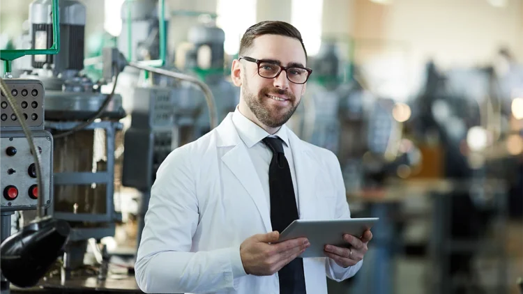 A manufacturing employee stands in production and checks the machine utilization with his tablet in his hand