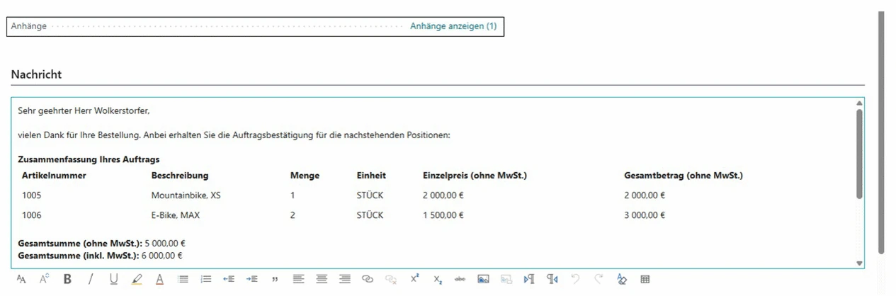 Vom Sales Order Agent entworfene Auftragsbestätigung in Business Central mit Artikelnummer, Beschreibung, Menge, Einheit, Einzelpreis und Gesamtsumme, darüber der Hinweis auf einen PDF-Anhang