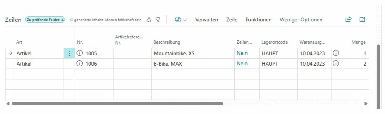 Verkaufszeilen in Business Central mit dem Hinweis Zu prüfende Felder: 4, KI-generierte Inhalte können fehlerhaft sein, und markierten Feldern in den Zeilen
